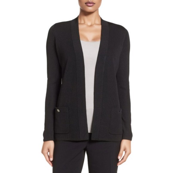 Anne Klein Sweater Womens Medium Black Knit Open Front Cardigan Pockets Tunic - Picture 1 of 8